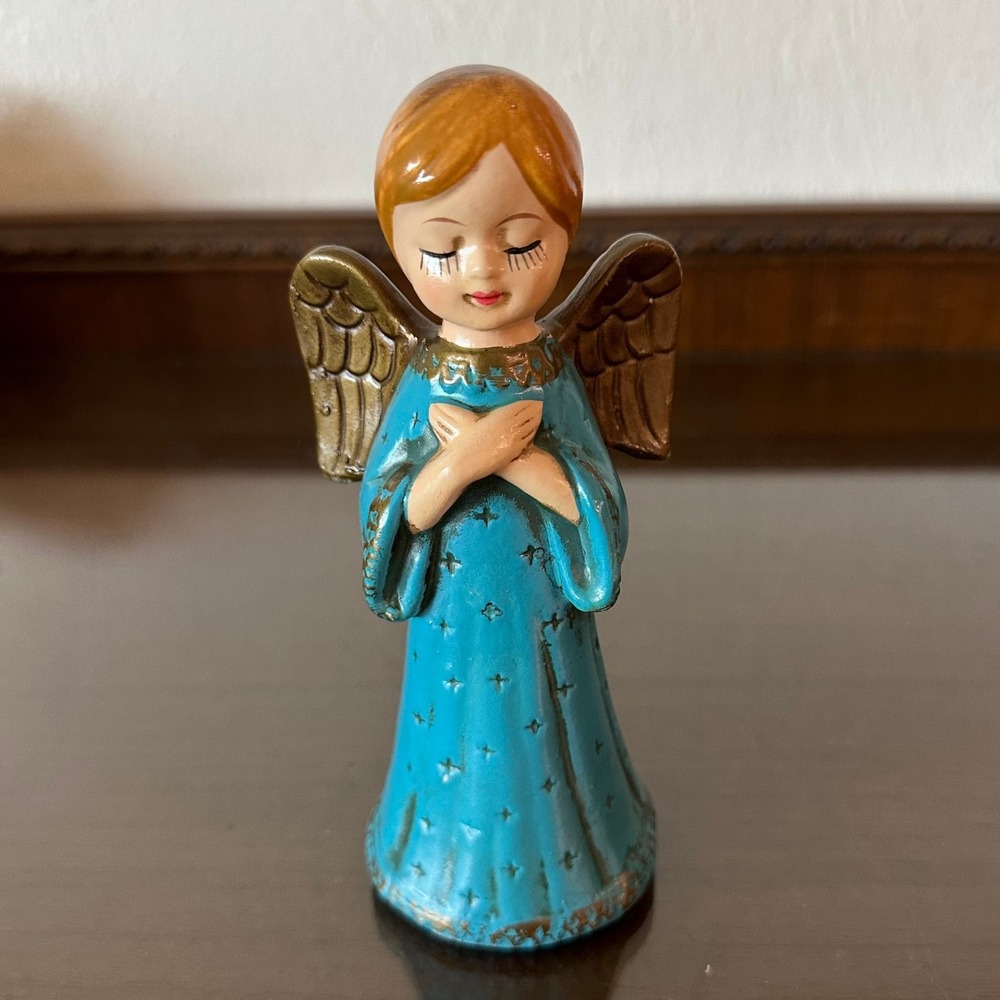 Vintage Paper Mache Praying Angel Figurine Turquoise Blue Gold Stars 6 Inch MCM